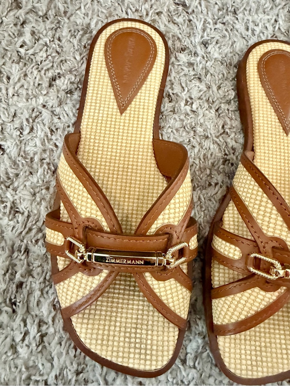 Zimmermann Prisma Raffia Leather Slide Sandals in Natural/Tan View 3